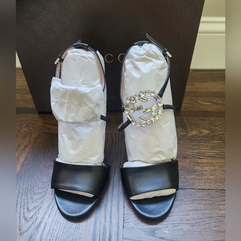 Brand New Gucci Women High Heel Nappa Charlotte Sandals GG Interlocking 37 US 7